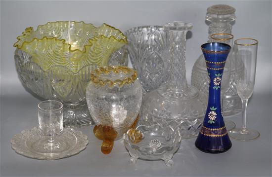A Regency mallet-shaped decanter, frilled glass oil lamp shade and sundry cut, coloured and frosted glassware
